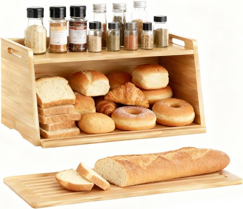 Bamboo bread bin with cutting - bin,